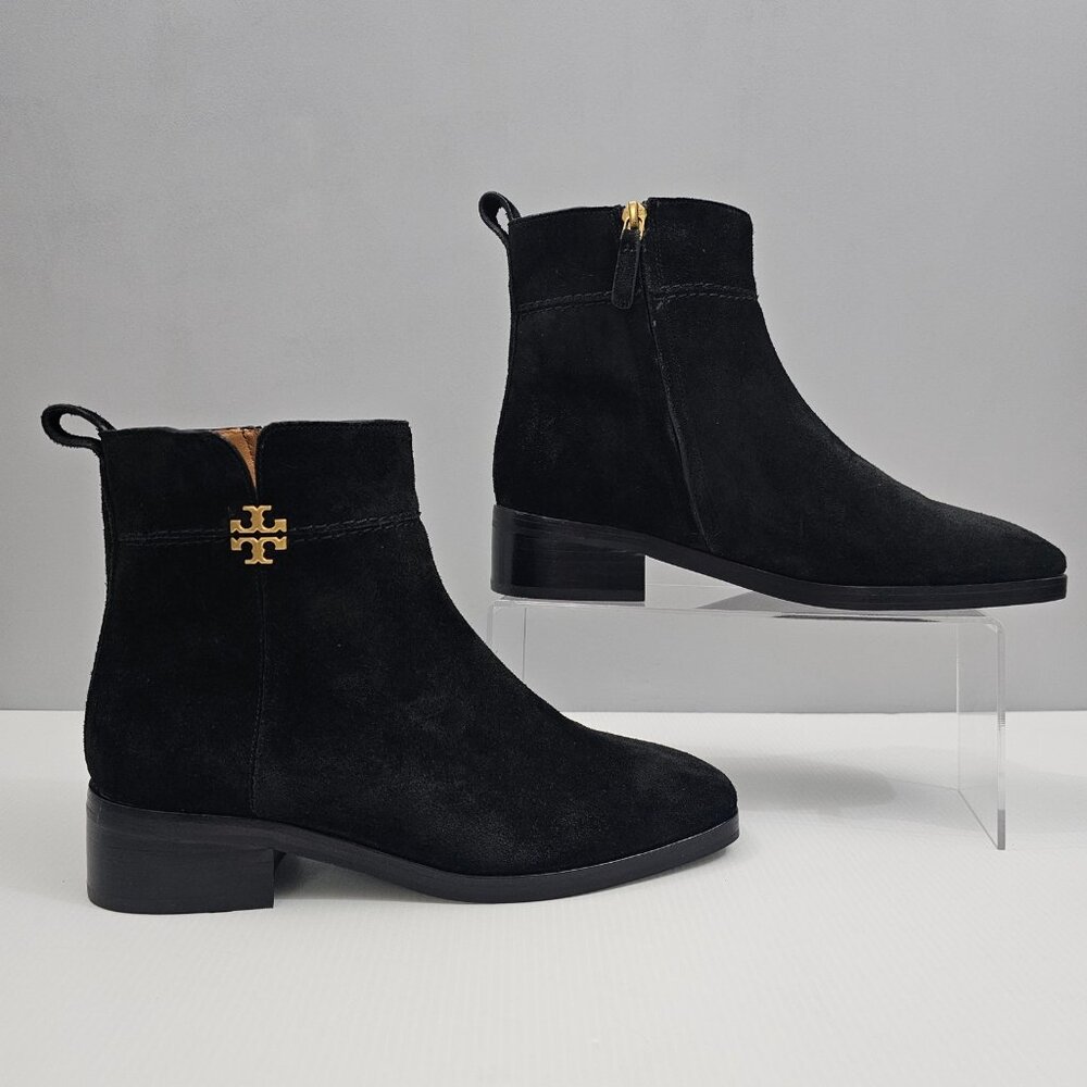 Tory Burch Everly Ankle Boot Womens 7.5 Black Suede Gold Logo Luxury Designer - Picture 3 of 16